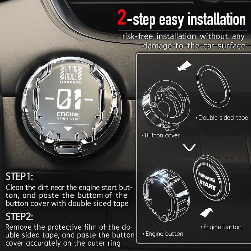 Tybasthe Original Push Start Button Cover, Metal Mecha Car Engine Start Stop Button Protector, Cool Car Accessories Interior Decor Sticker Decals Motorcycle Key Ignition Switch Cover, Silver - Image 4
